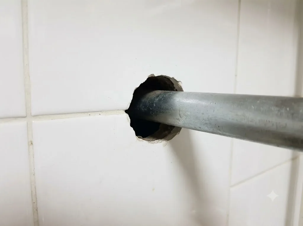 배관이 벽을 통과하는 자리에 틈이 벌어져 있는 모습